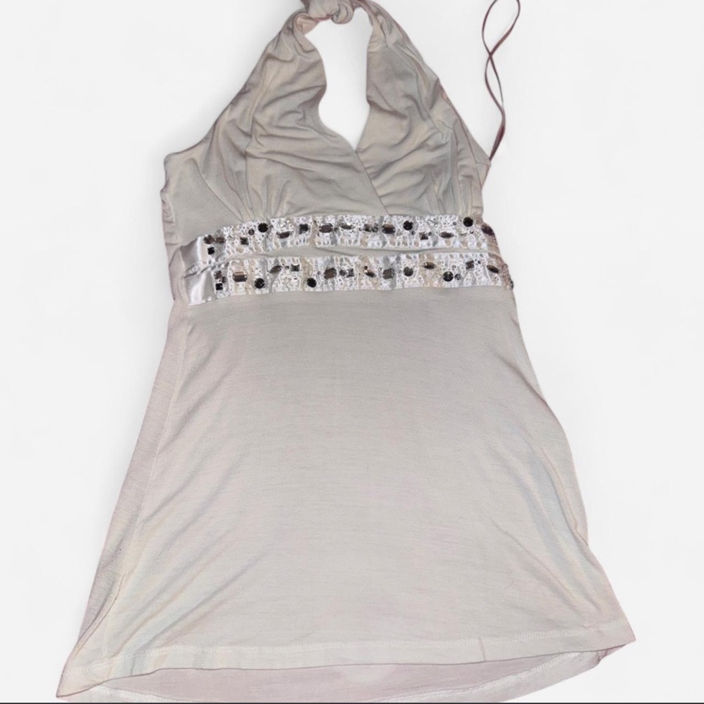 Embellished Halter Tank Top in Light Beige